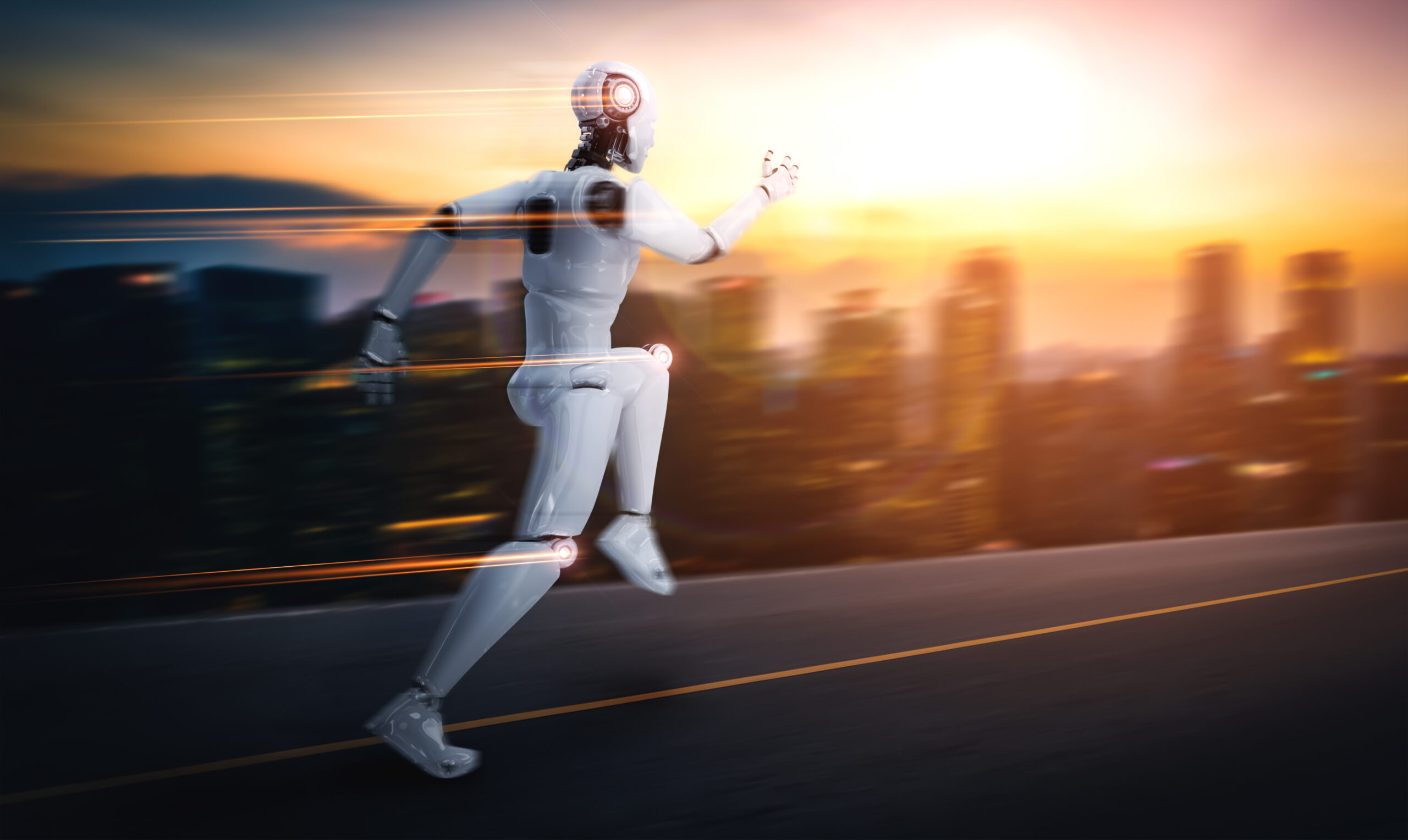 Running robot humanoid showing fast movement and vital energy in concept of future innovation development toward AI brain and artificial intelligence thinking by machine learning.